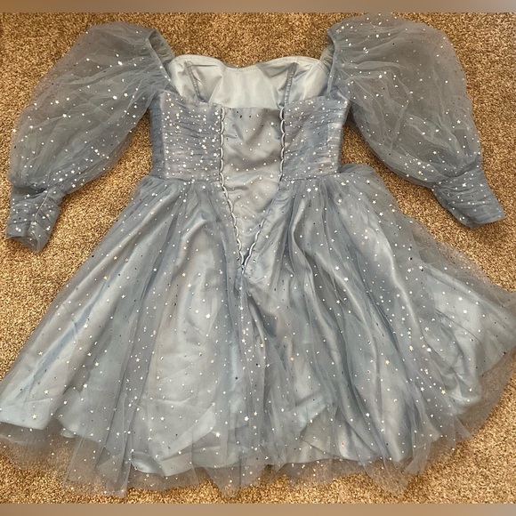 Puffy long sleeve sparkly short dusty blue prom dress with built in pockets - Picture 3 of 5